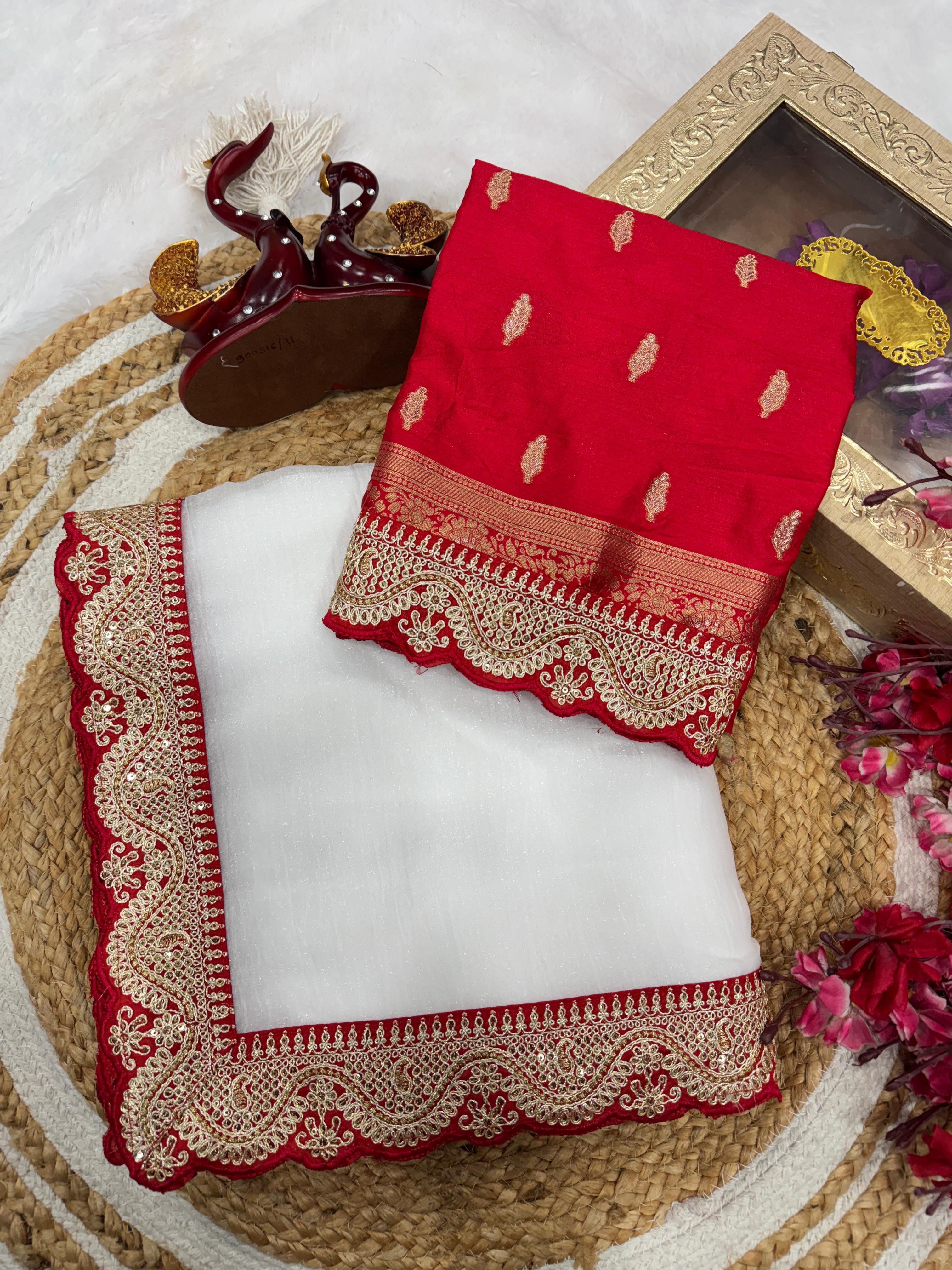 White Saree with Golden and Red Lace