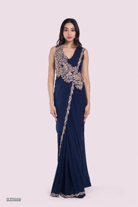 Navy Blue Embroidered Saree Gown