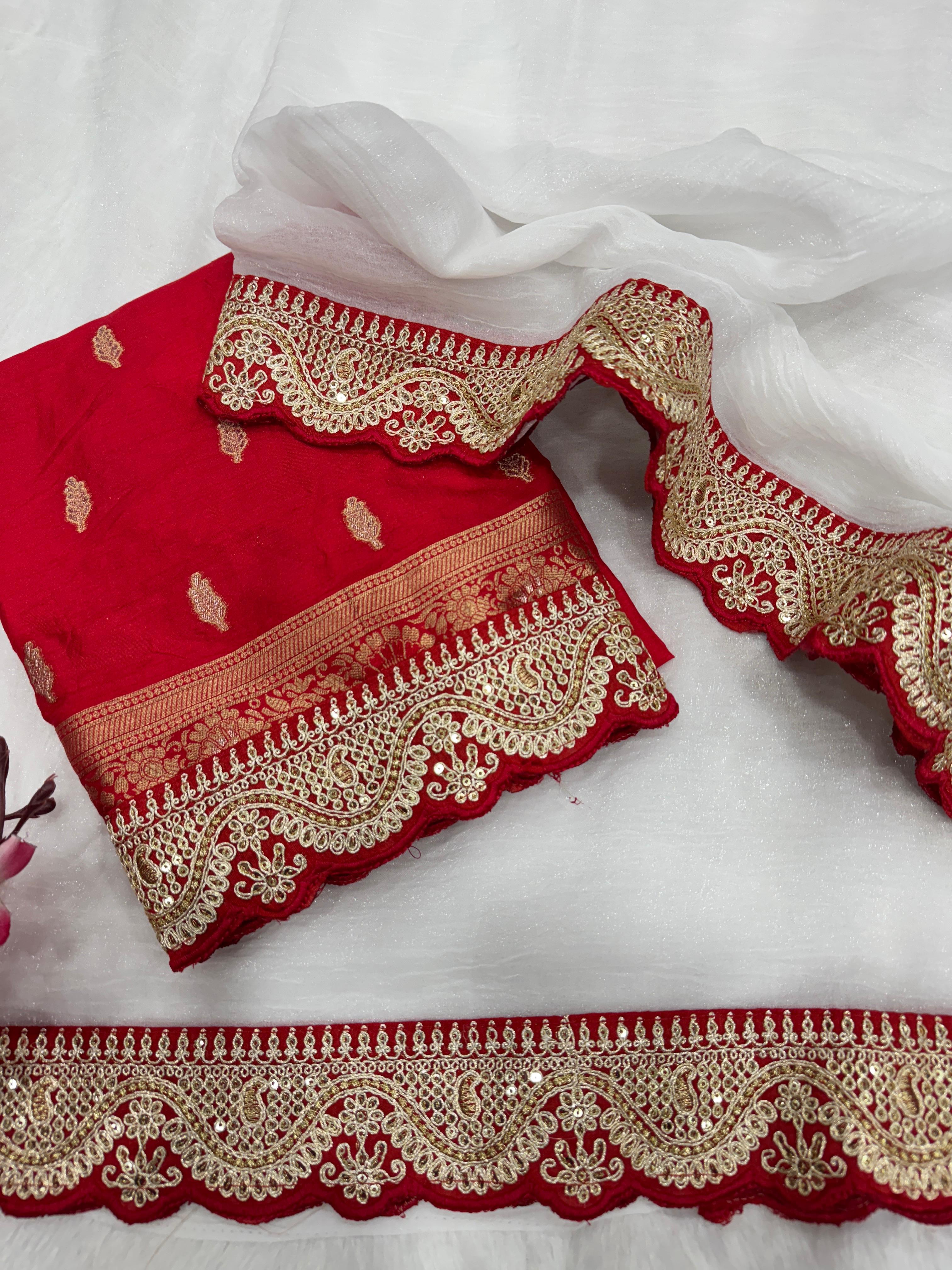 White Saree with Golden and Red Lace