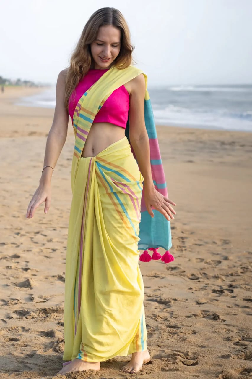 Yellow Cotton Saree with Pink Blouse
