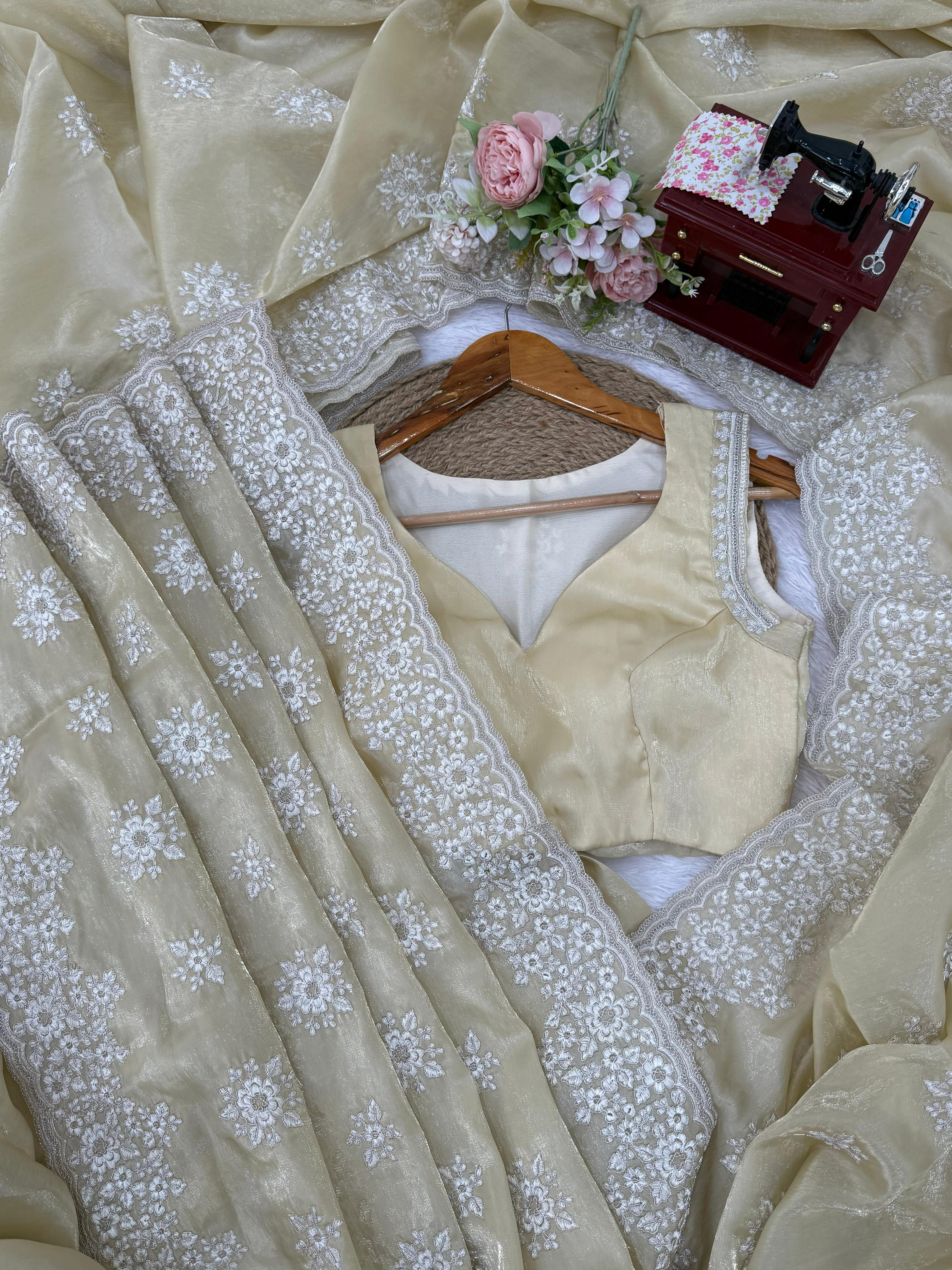 Embroidered Beige Saree with Blouse
