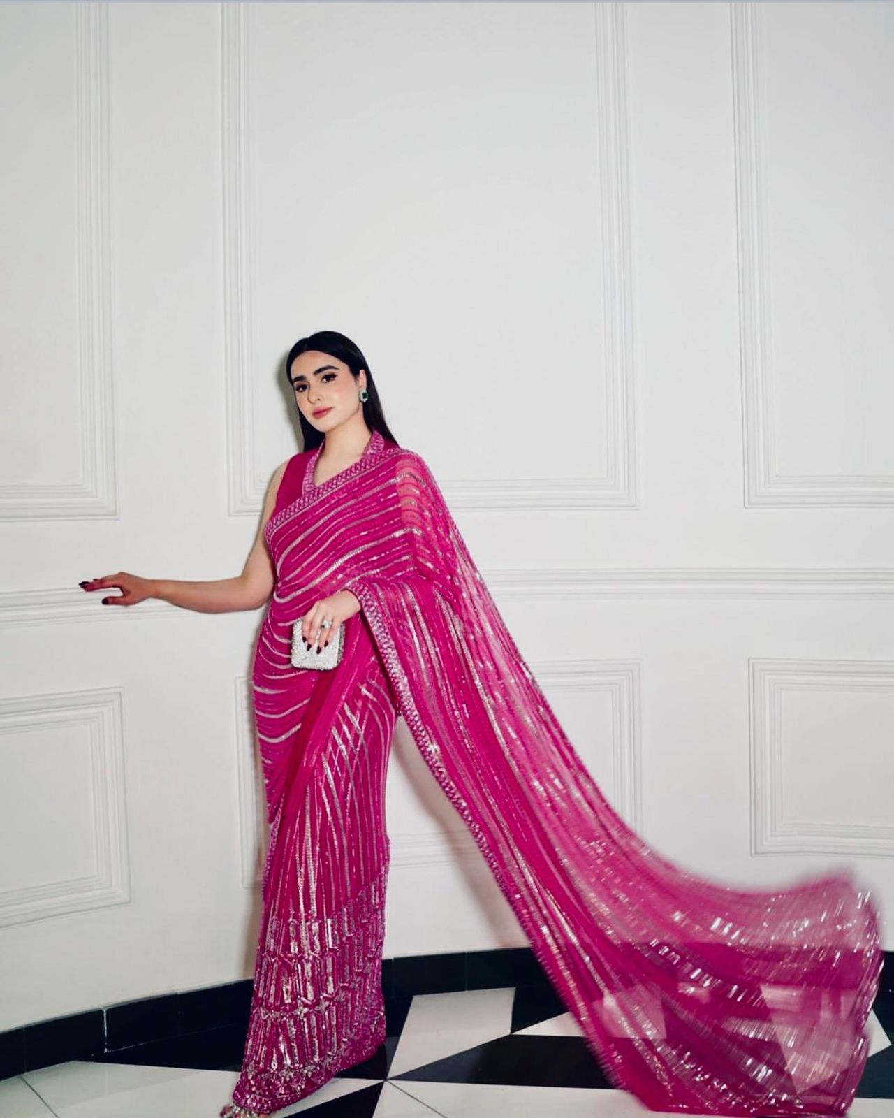 Hot Pink Embellished Saree