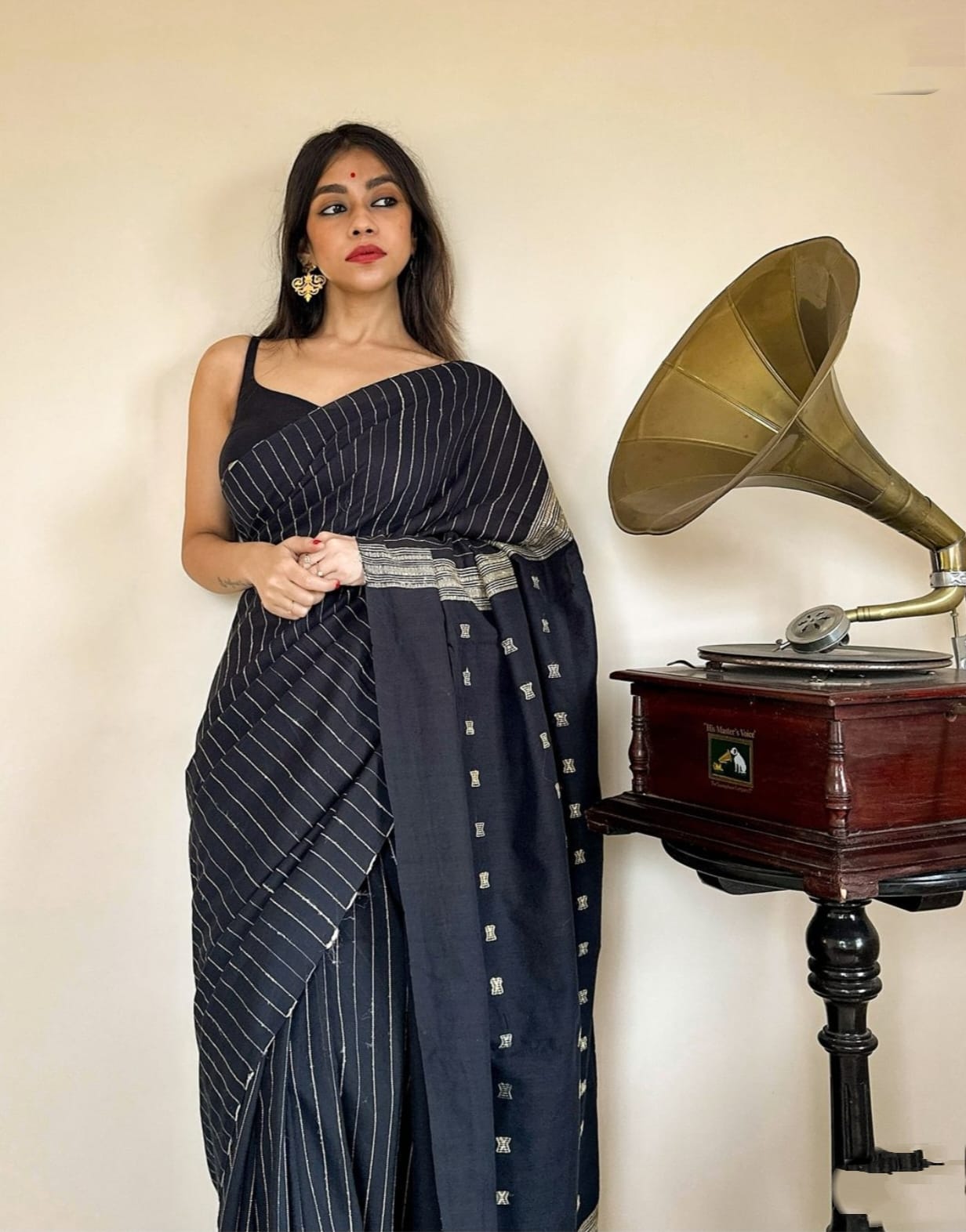 Elegant Black Striped Saree