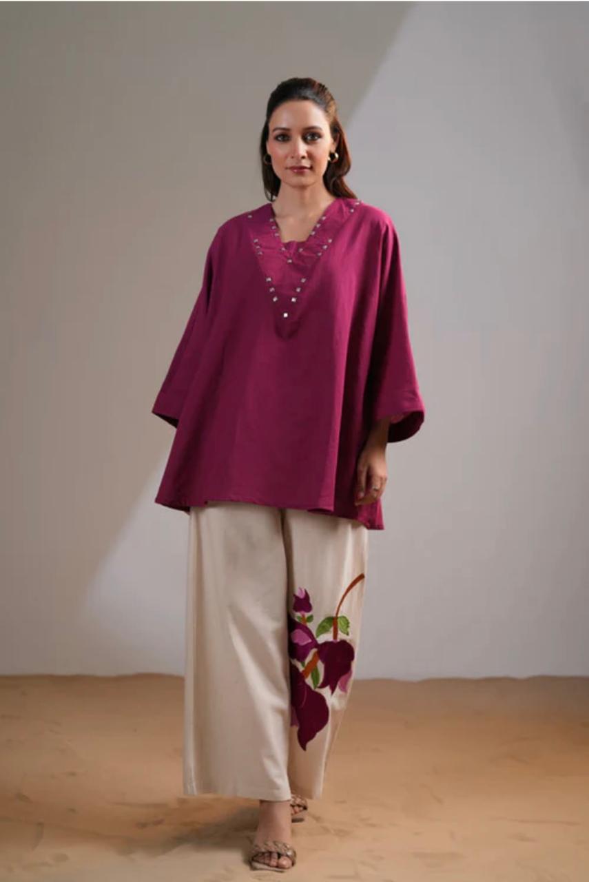 Embroidered Maroon Tunic and Printed Cream Pants Set