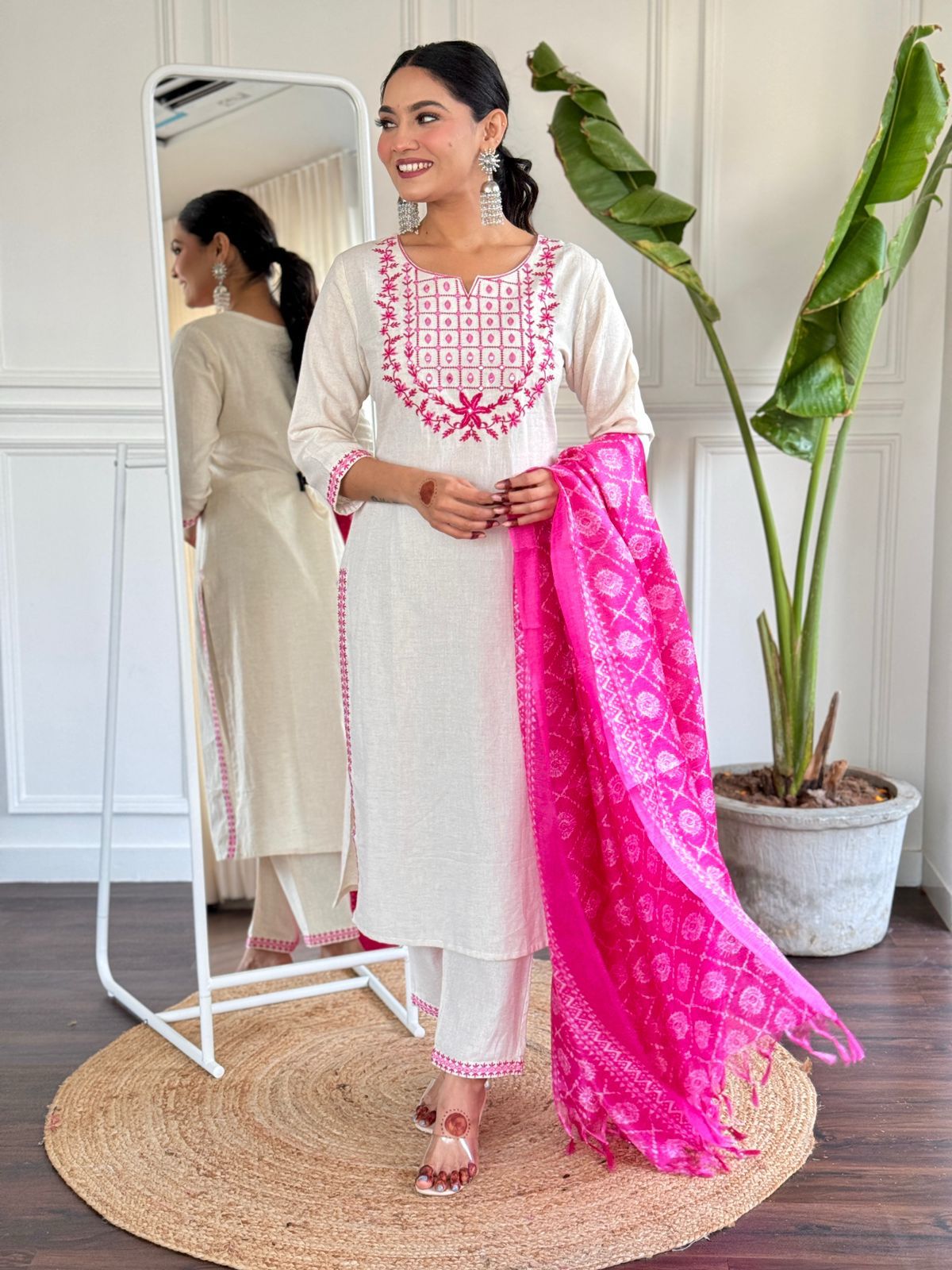 Elegant Cream and Pink Ethnic Suit