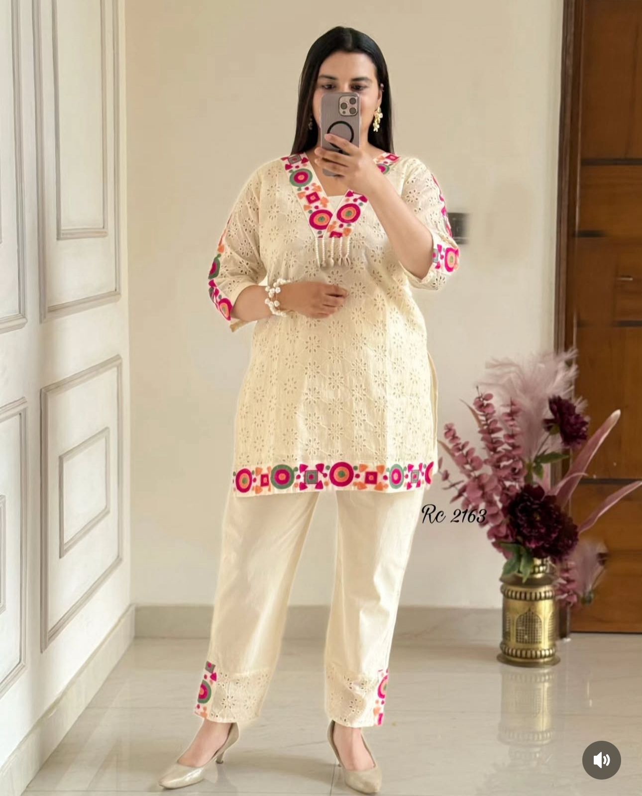 Embroidered Cream Cotton cord set 