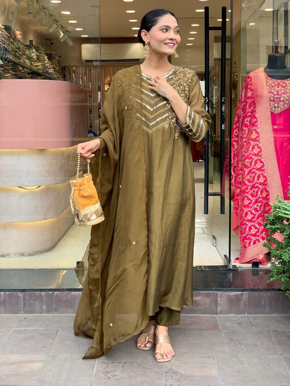 Embroidered Olive Green Maxi Dress