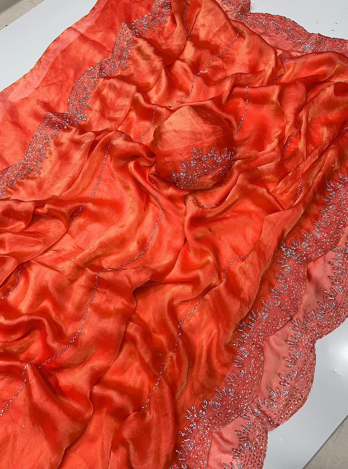 Embroidered Orange Silk Saree