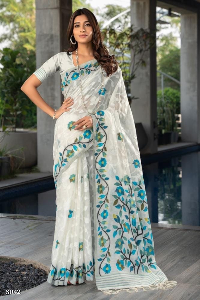 White Floral Printed Saree