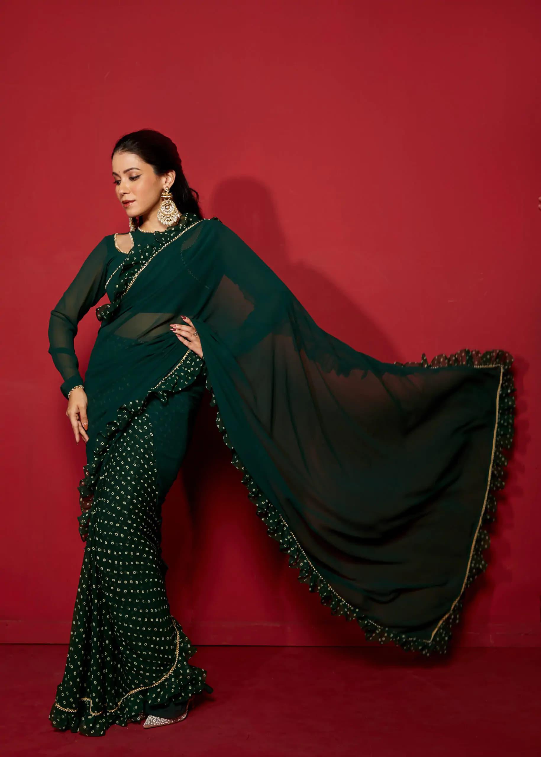 Dark Green Ruffled Georgette Saree