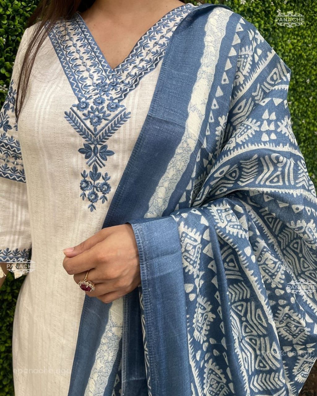 White and Blue Embroidered three-piece Suit