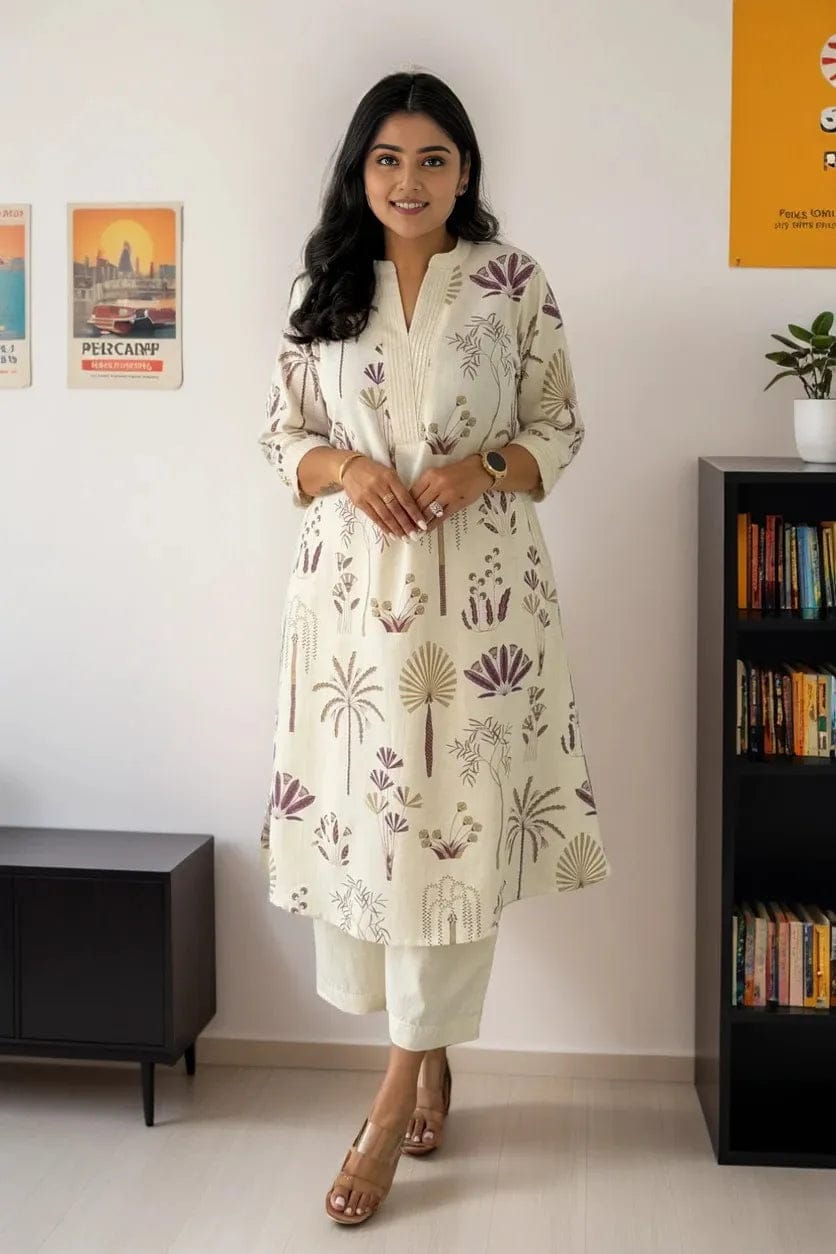 Printed Cream Kurta Set