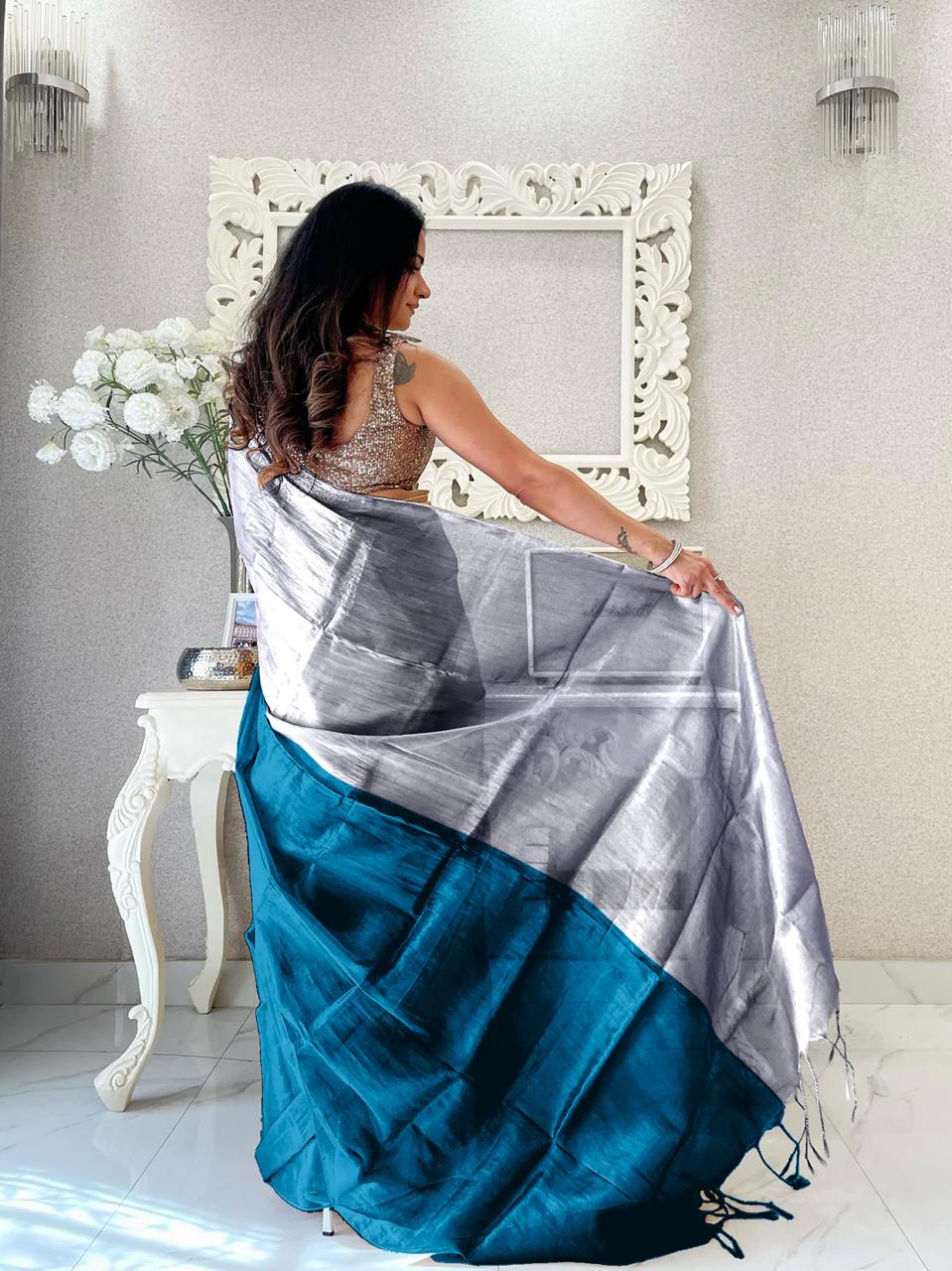 Elegant Blue and Grey bangoli Silk Saree