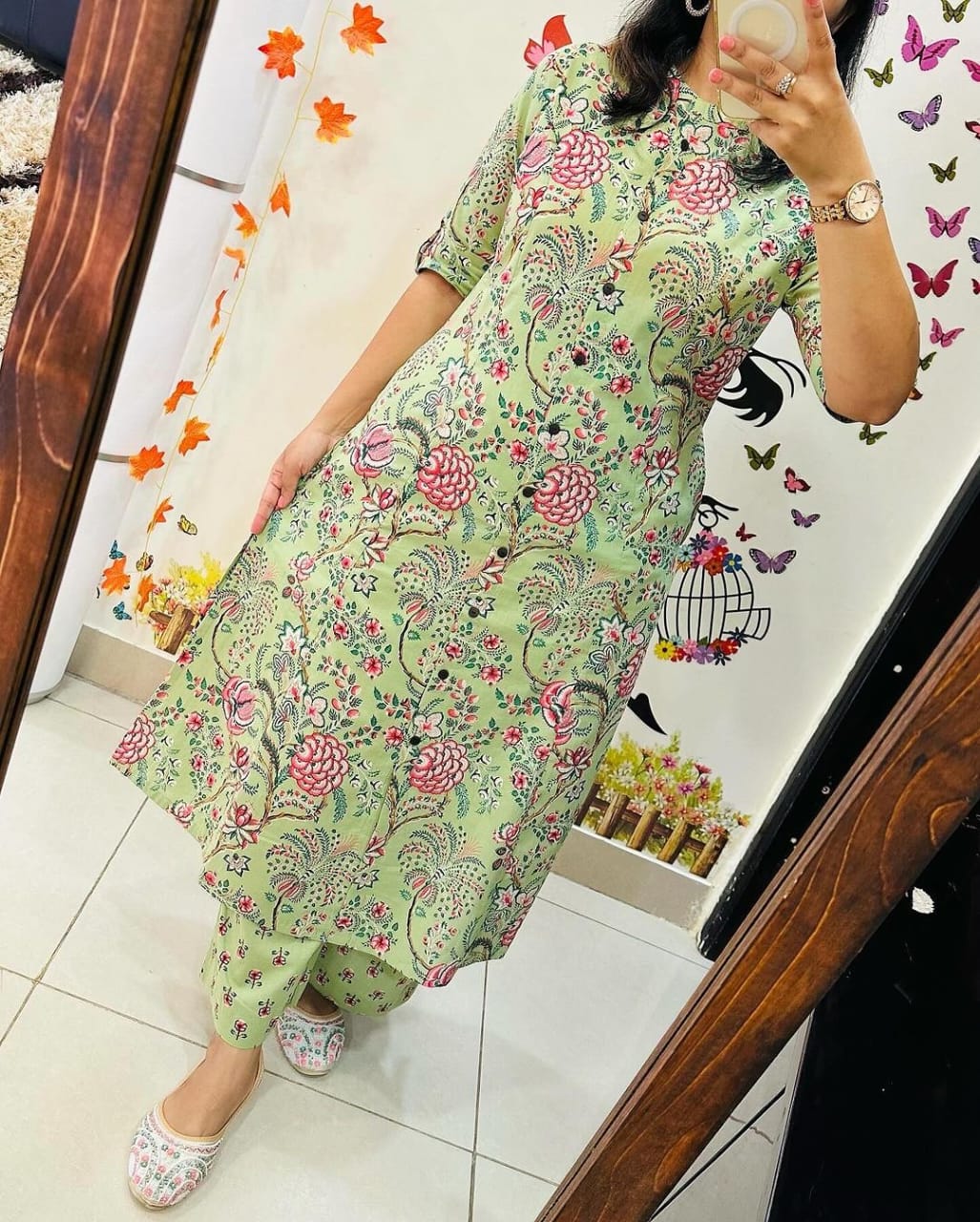 Floral Printed Green Kurti Set