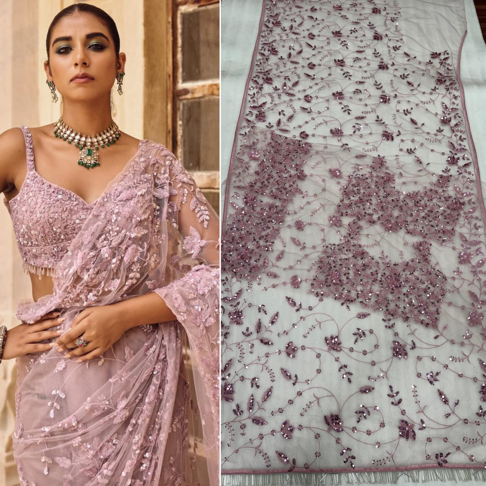 Embroidered Mauve Net Saree