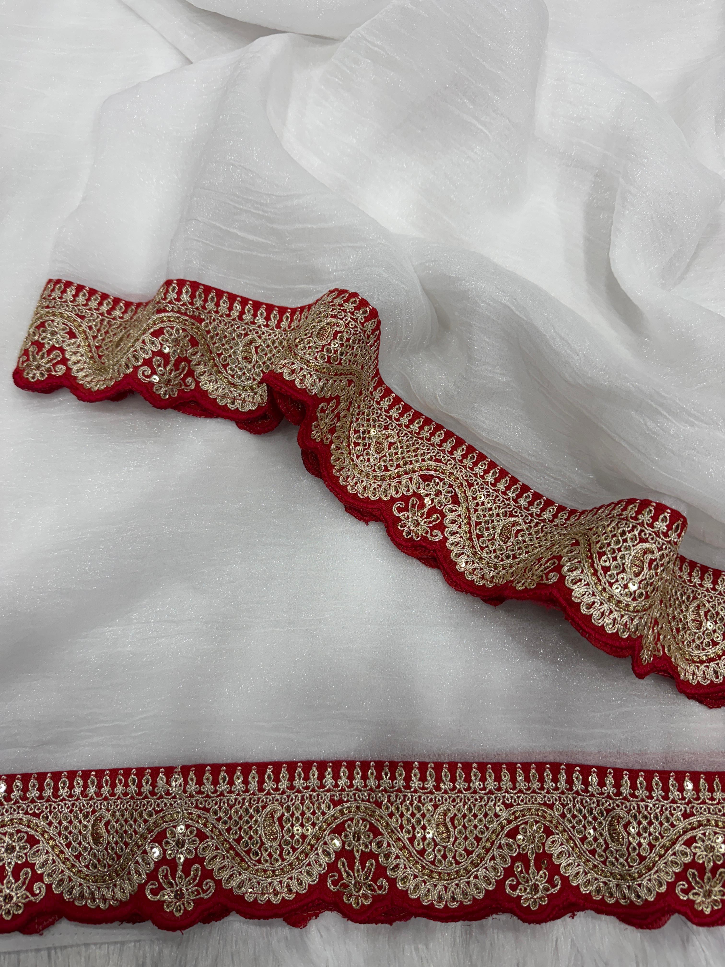White Saree with Golden and Red Lace
