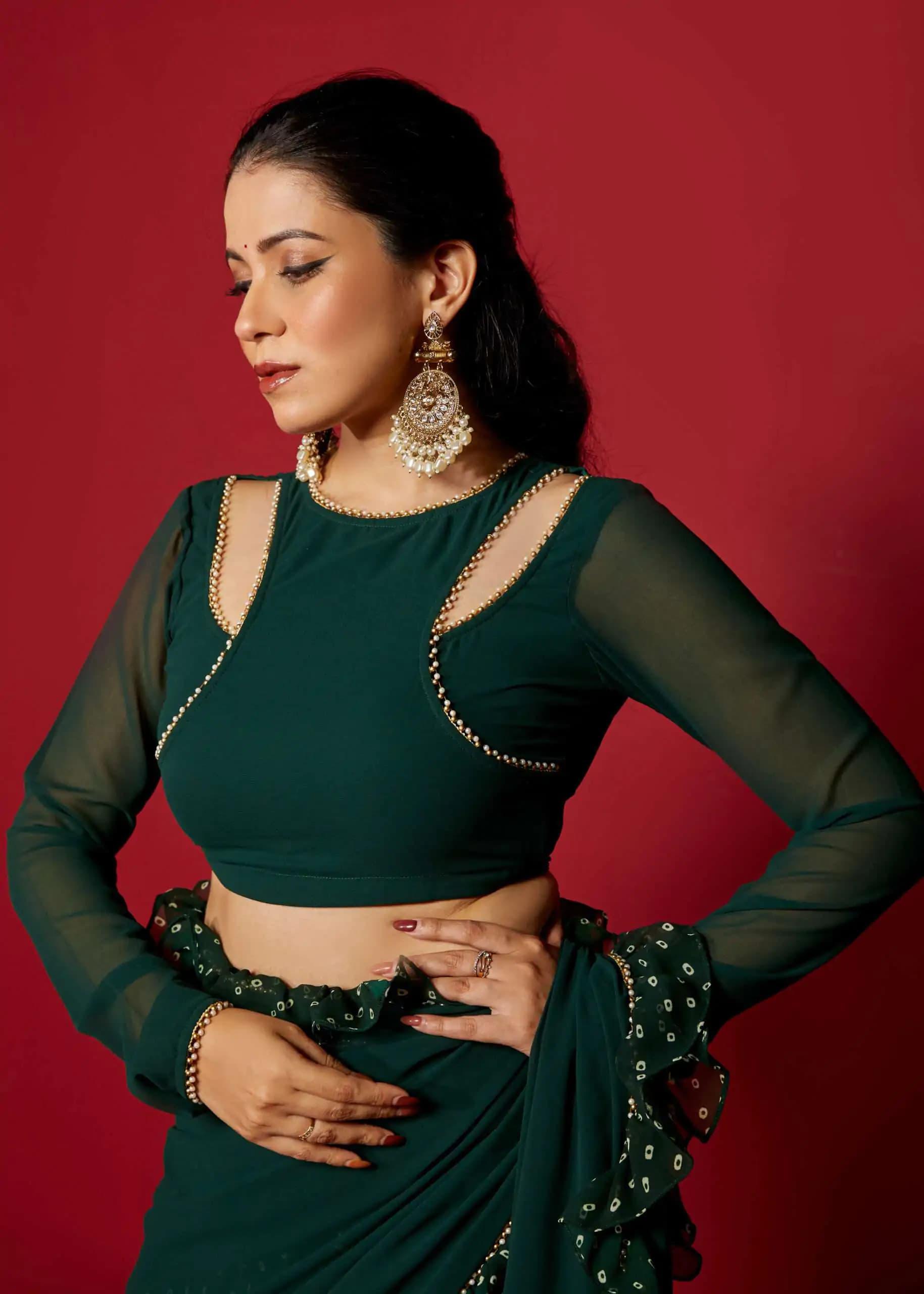 Dark Green Ruffled Georgette Saree