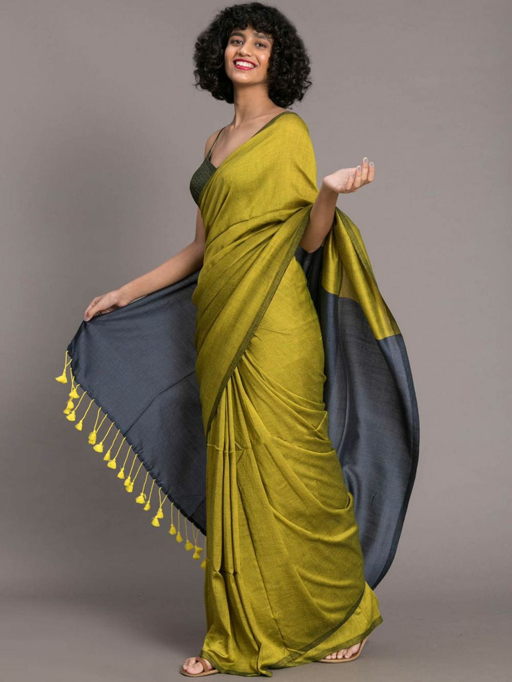 Olive Green and Charcoal Handloom Saree