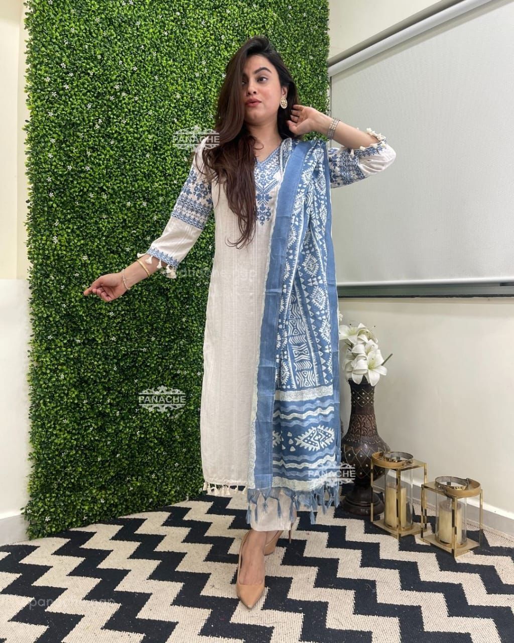 White and Blue Embroidered three-piece Suit