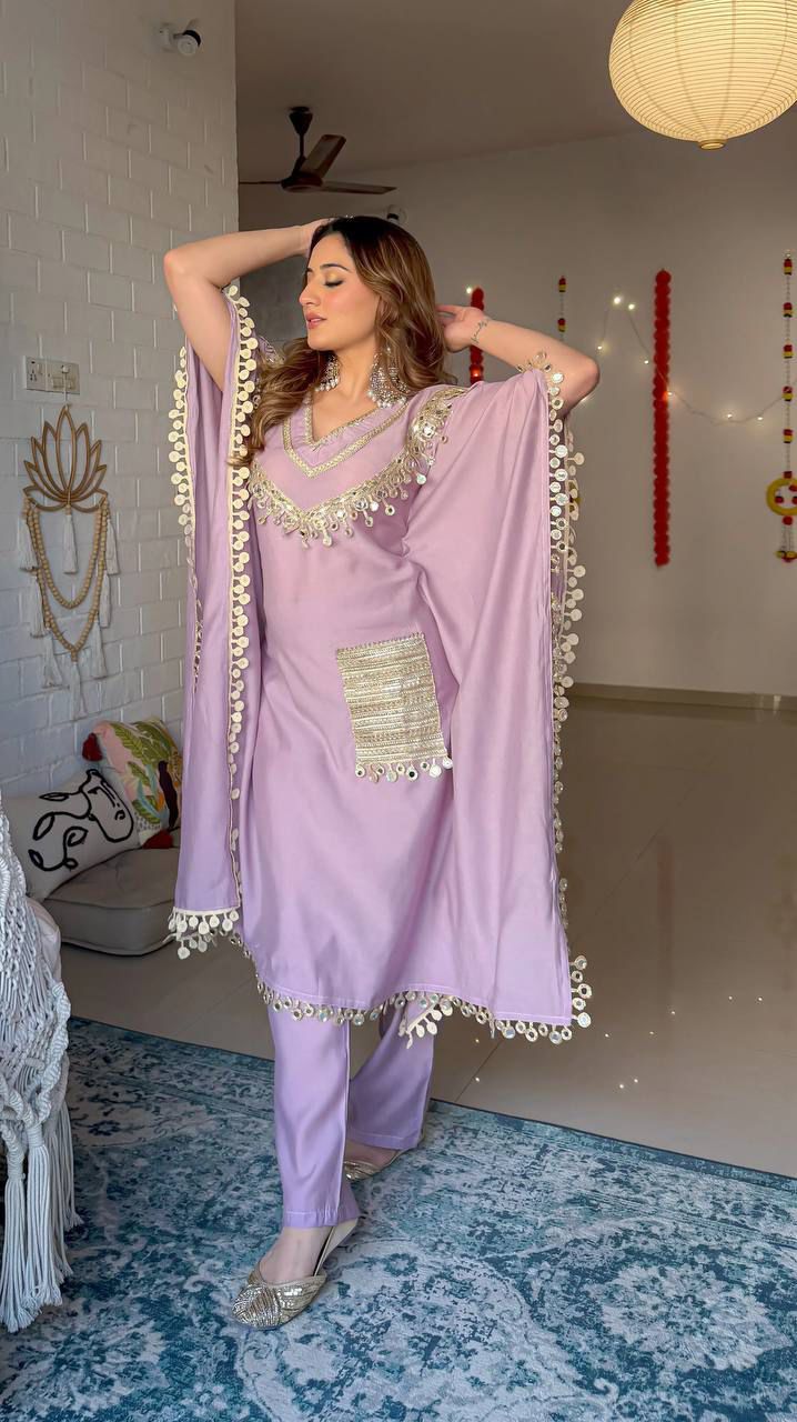 Lavender Embroidered Kaftan Set
