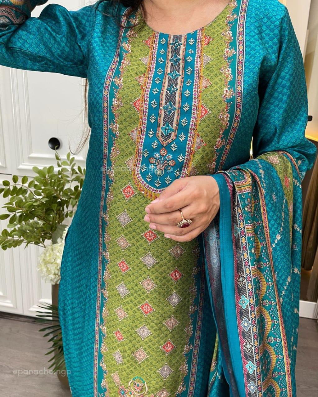 Traditional Blue and Green Embroidered Suit