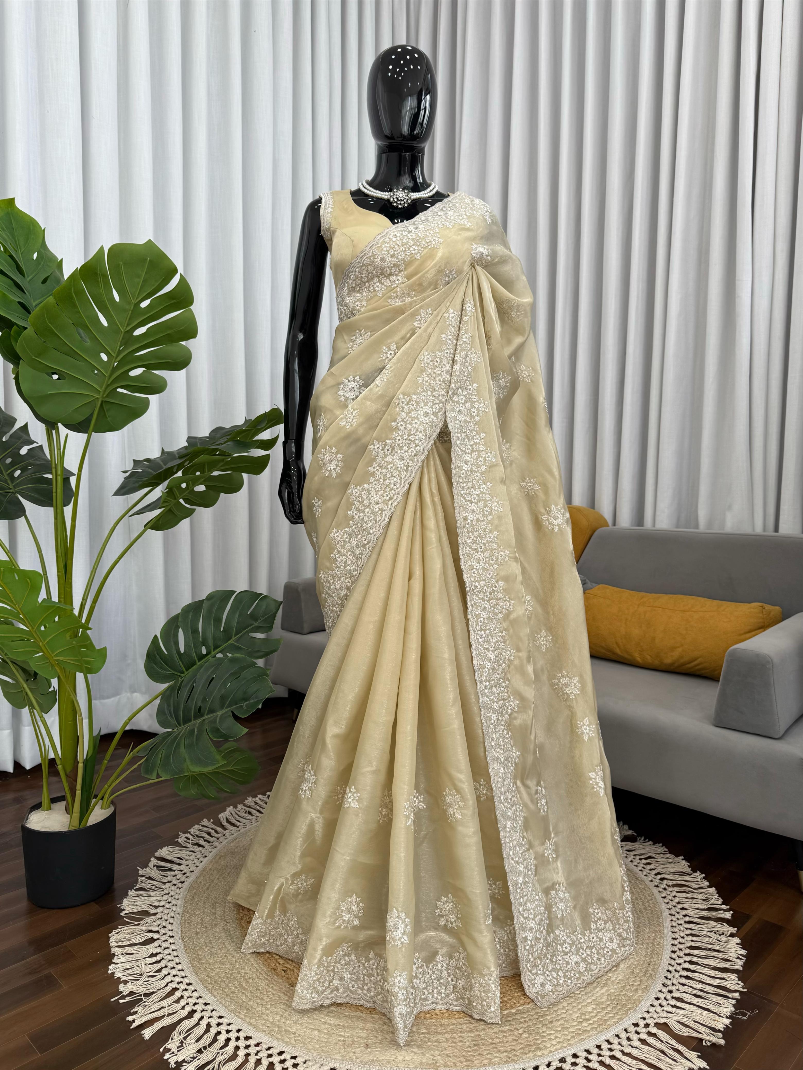 Embroidered Beige Saree with Blouse