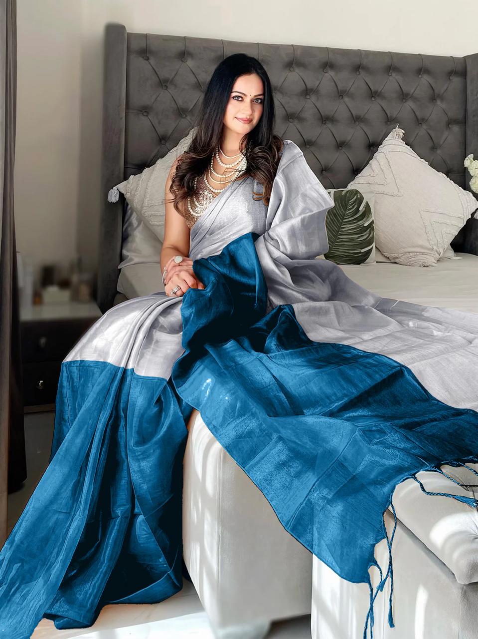Elegant Blue and Grey bangoli Silk Saree