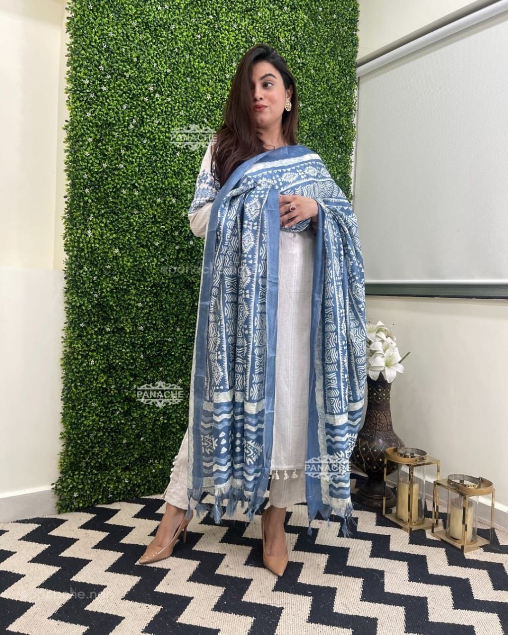 White and Blue Embroidered three-piece Suit