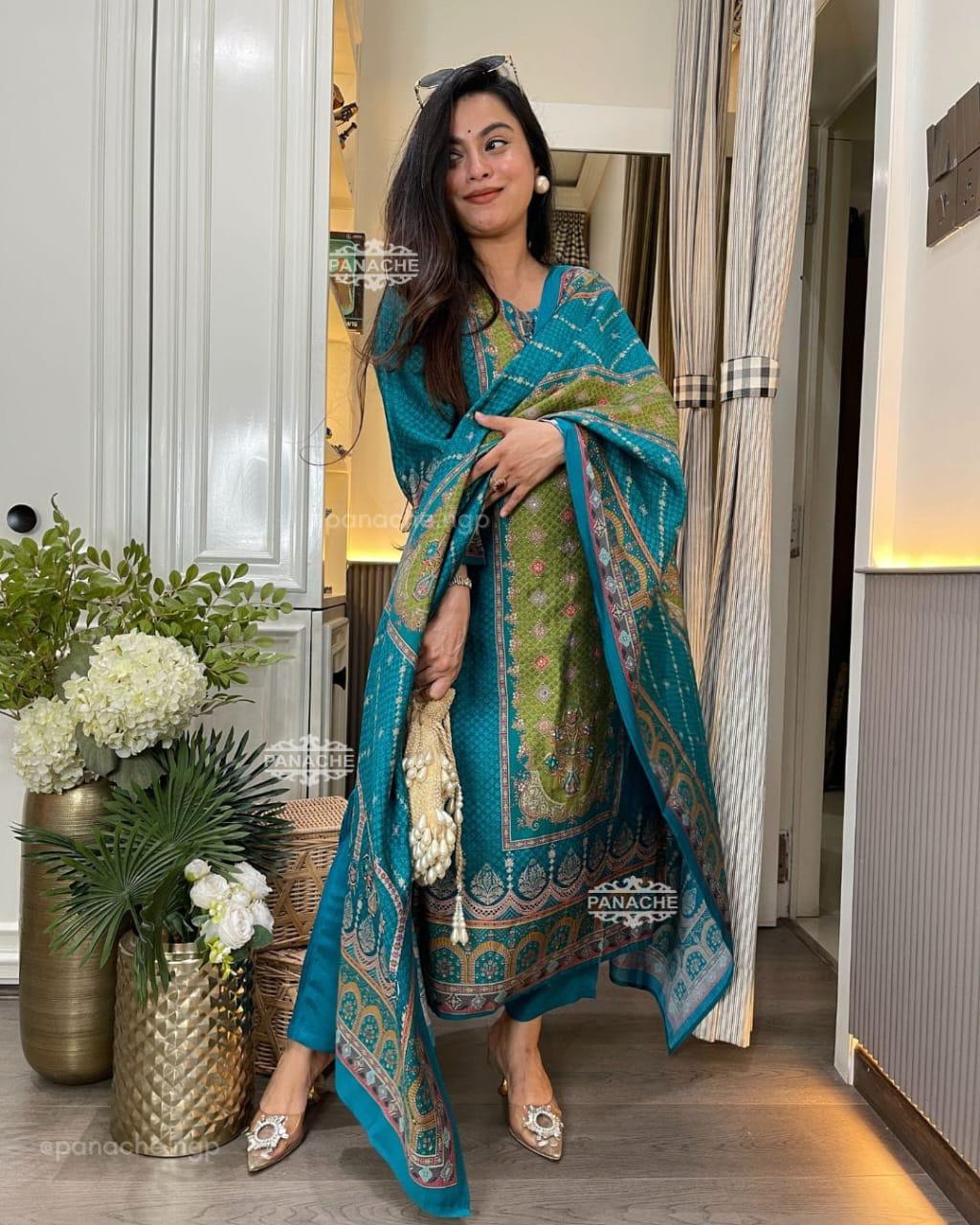 Traditional Blue and Green Embroidered Suit