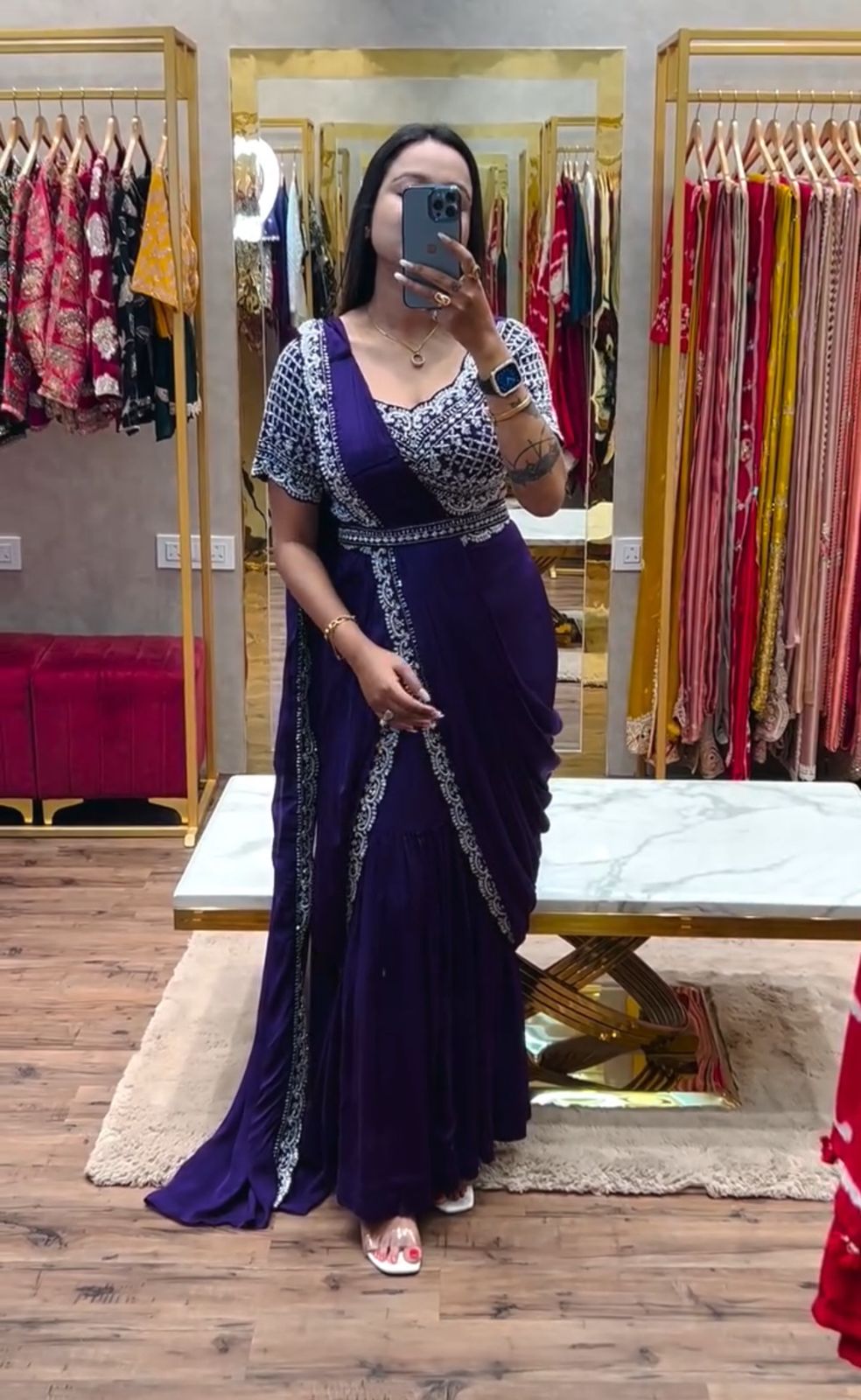 Purple Embroidered Saree Set