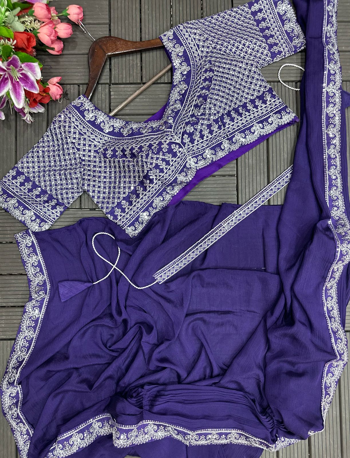Purple Embroidered Saree Set