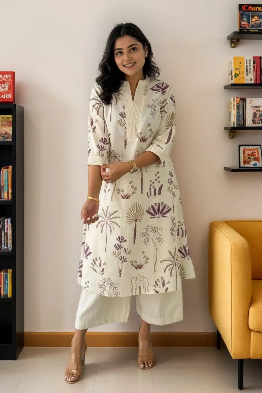 Printed Cream Kurta Set