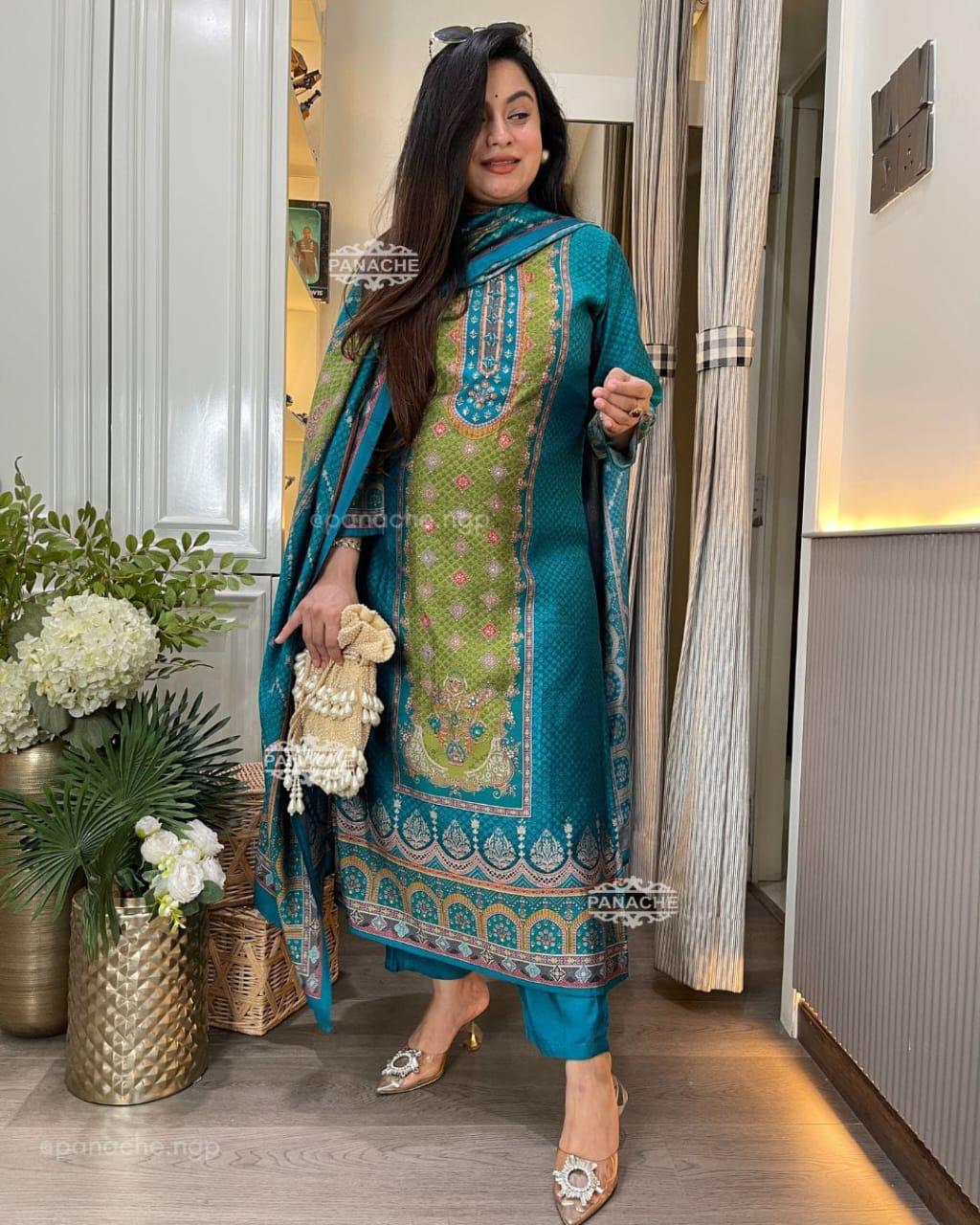 Traditional Blue and Green Embroidered Suit