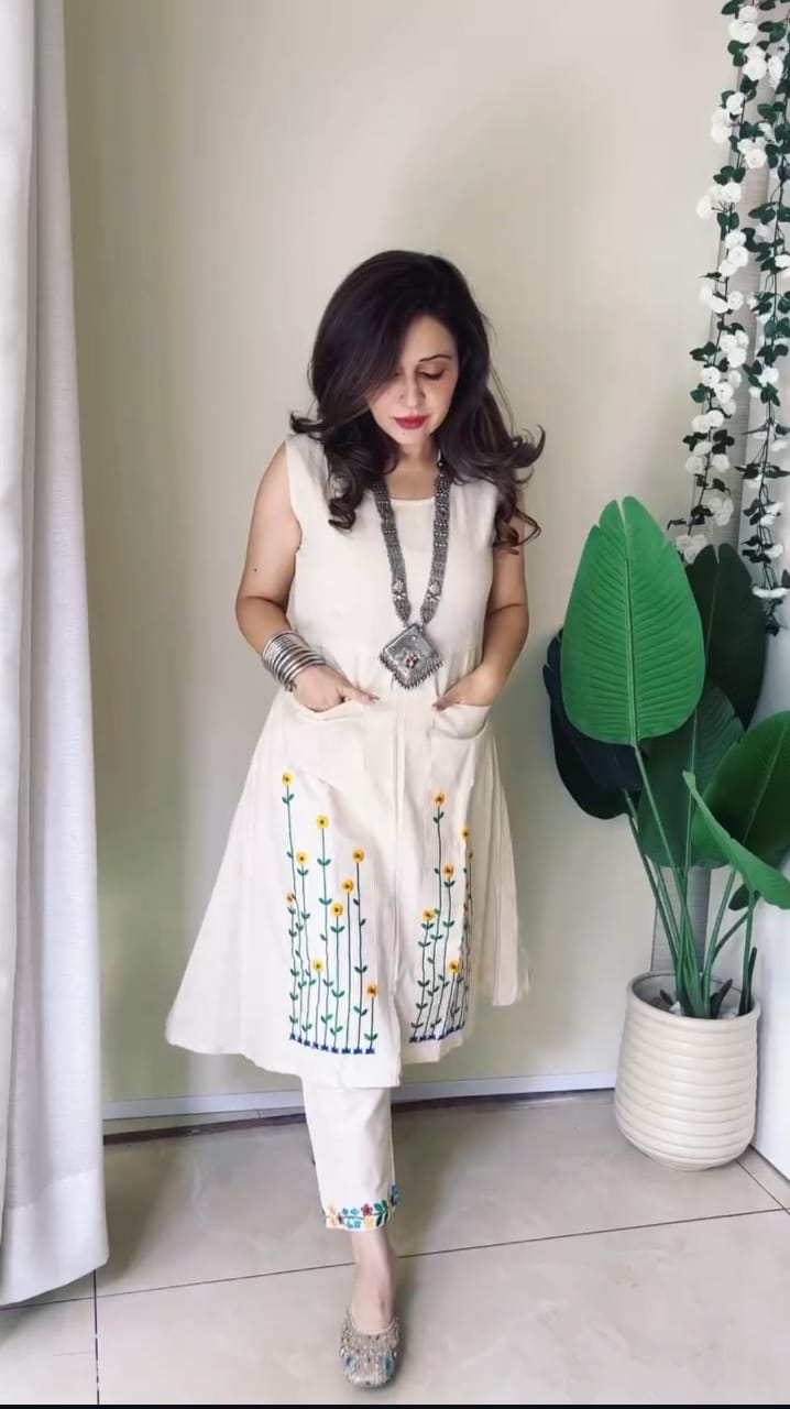 White Cotton Kurti and Pant Set