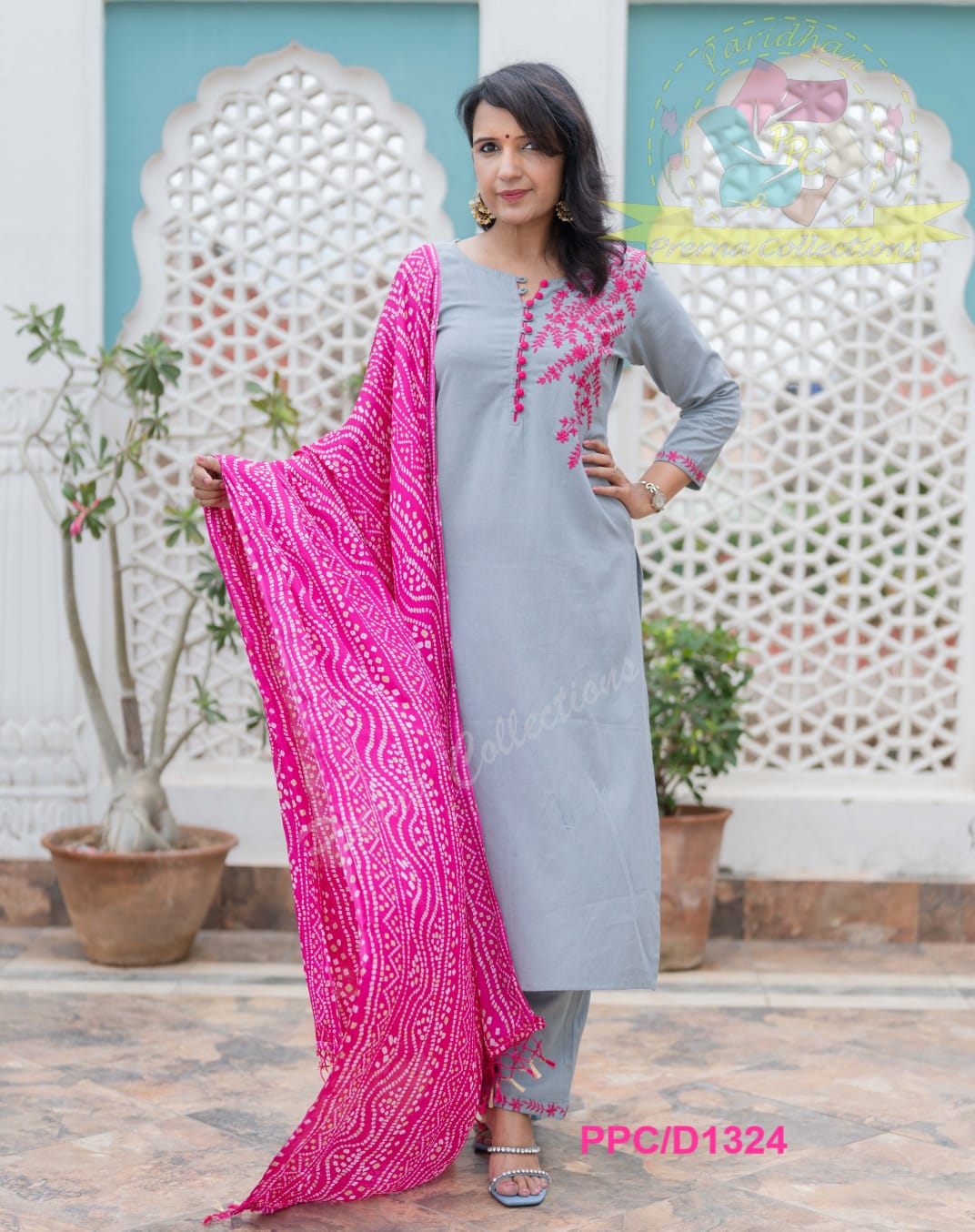 Elegant Grey and Pink Embroidered Suit