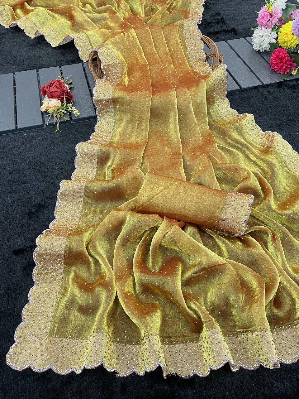 Golden Net Saree