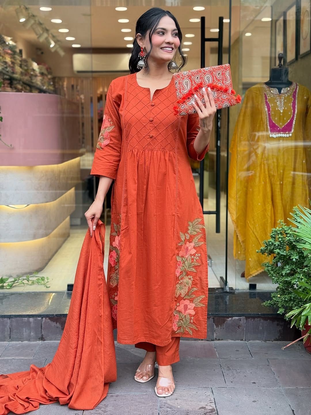 Rust Orange Embroidered Long Kurta Set