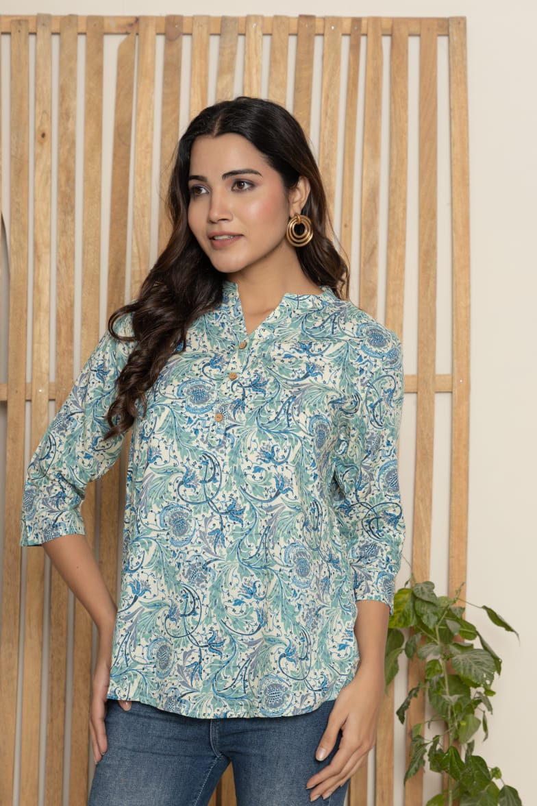Blue Floral Printed Casual Top