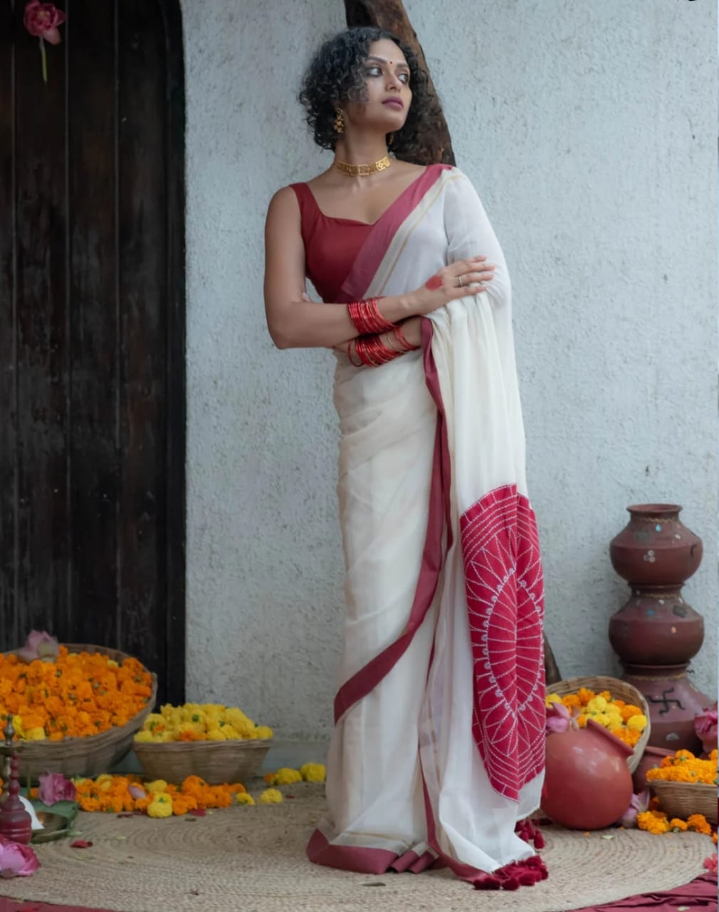 Handcrafted Red and White Saree