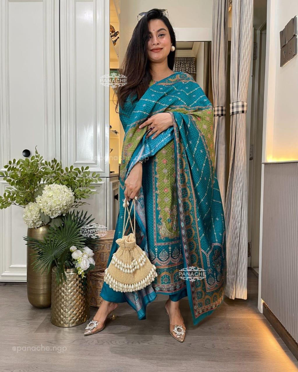Traditional Blue and Green Embroidered Suit