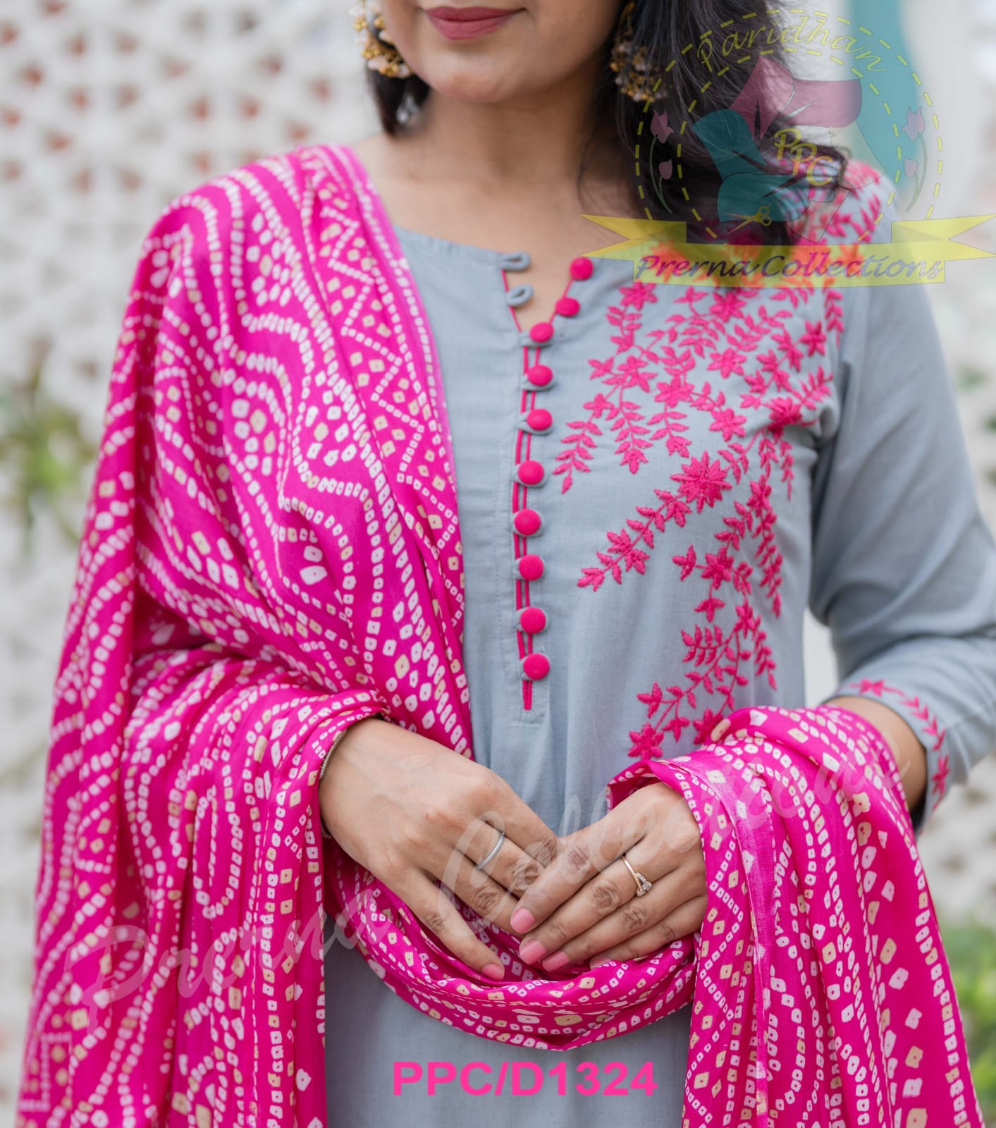 Elegant Grey and Pink Embroidered Suit