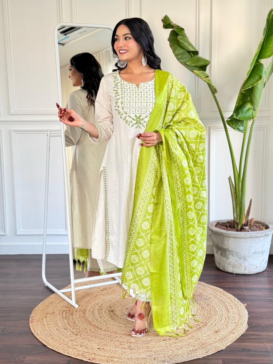 White embroidered kurta set with green dupatta