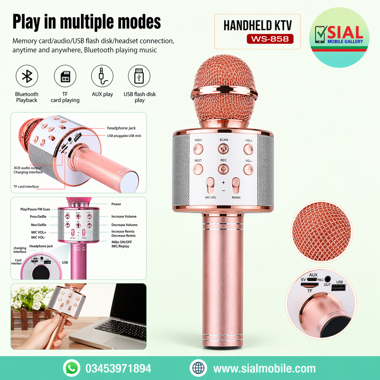 WS-858 Wireless Karaoke Microphone Speaker Handheld KTV Bluetooth Mic