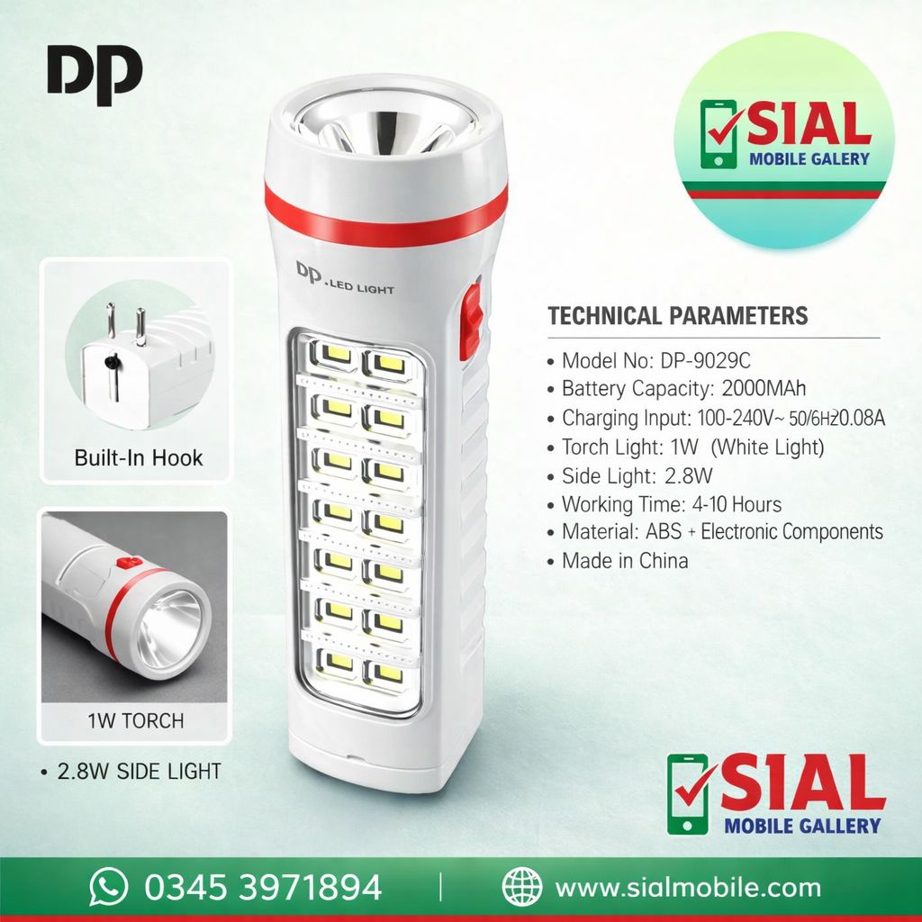 DP LED Rechargeable Torch Light Price in Pakistan | DP-9029C Portable Emergency Light