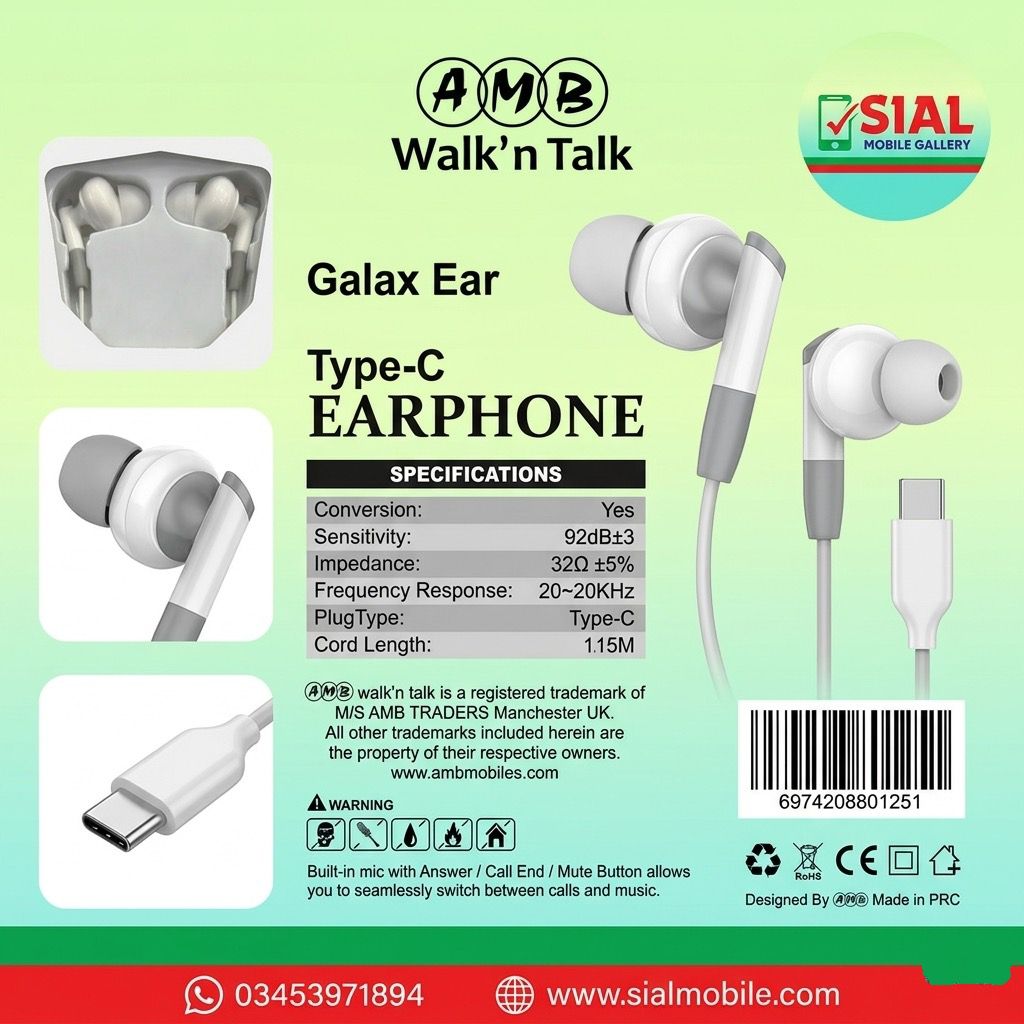 AMB Walk'n Talk Galax Ear Type-C Earphone Price in Pakistan | High Volume Sound