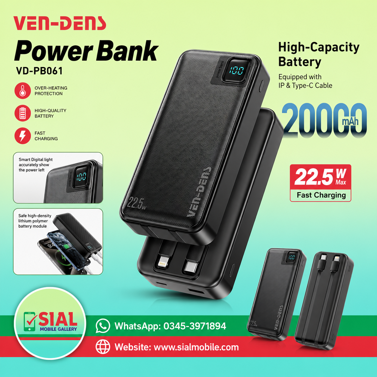 VEN-DENS 20000mAh Power Bank (22.5W Fast Charging)  (UK Brand)