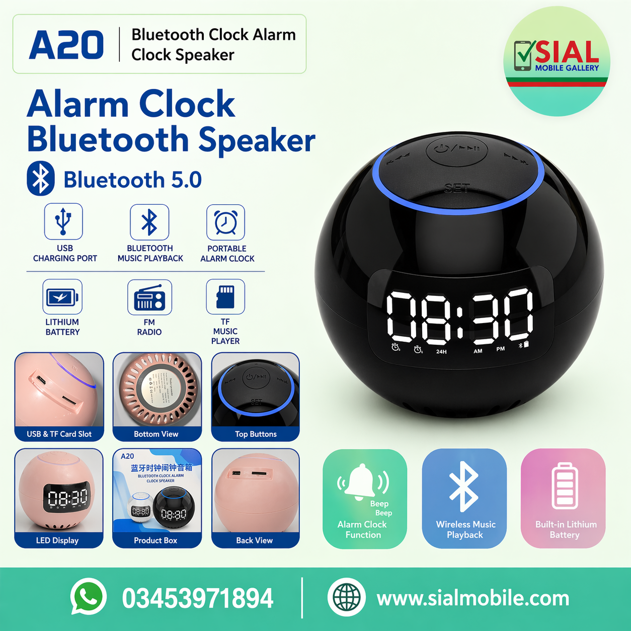 A20 Bluetooth Alarm Clock Speaker LED Display Wireless Speaker V5.0