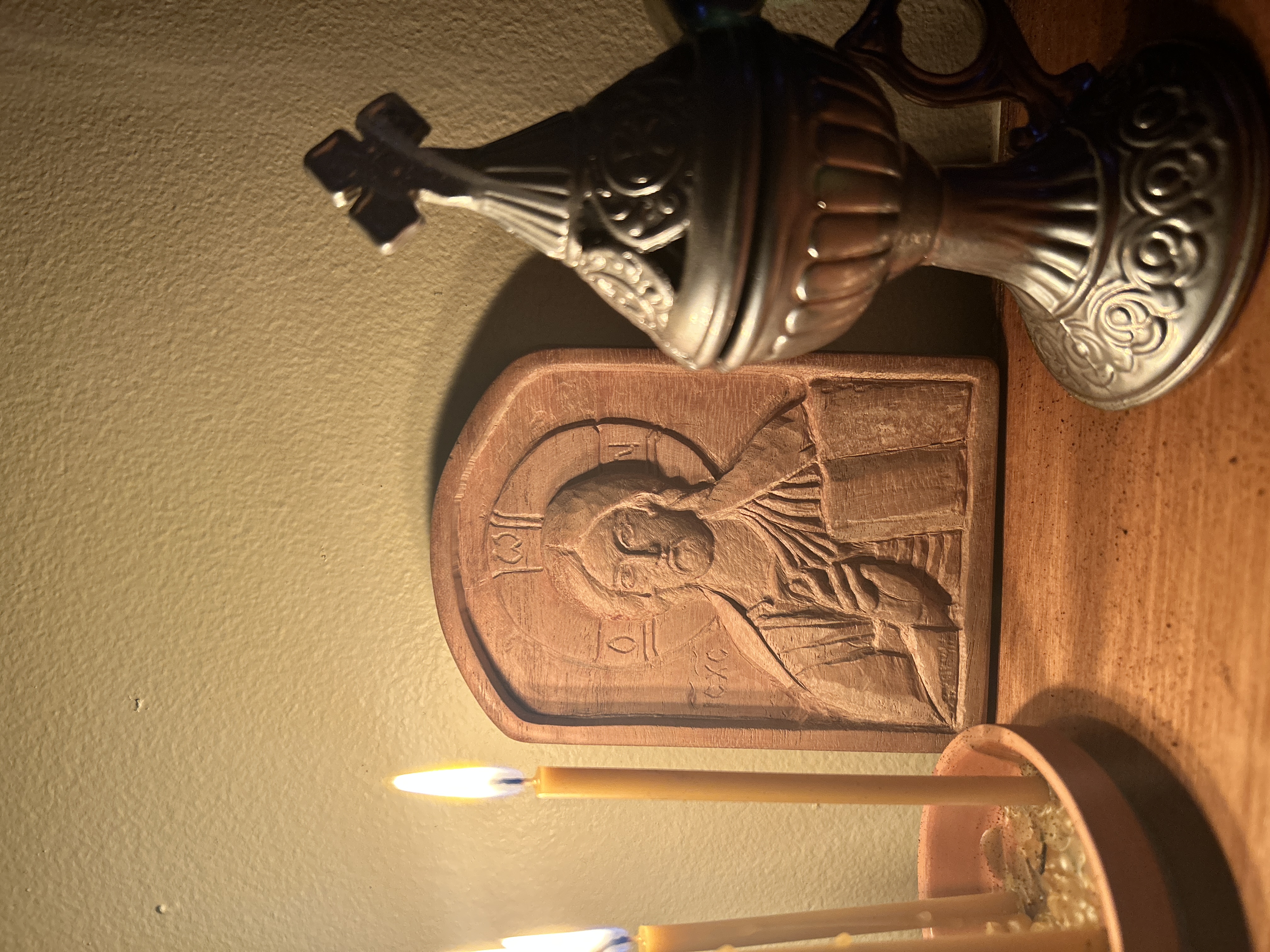Wooden Orthodox Icon of Christ carved in cherry tree