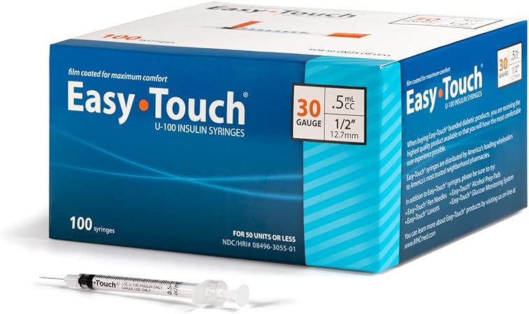 Easy Touch U-100 Insulin Syringe with Needle, 30G 0.5cc 1/2-Inch (12.7mm), Box of 100
