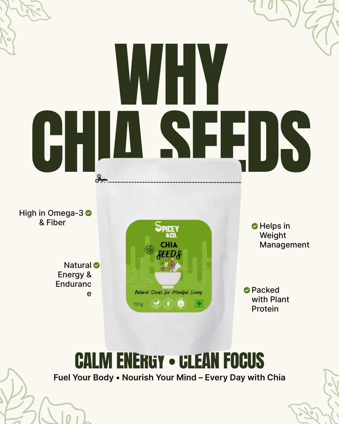 SpiceyNCo Premium Chia Seeds 150 g – 100% Raw & Unroasted Superfood | Rich in Omega-3, Protein & Fiber | Supports Digestion, Weight-Management & Energy
